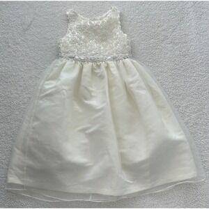 Girls Size 6 Fancy Flower Girl Dress Tulle Pearls Ivory Flowers Beaded Poufy